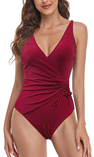 JFAN Maillot de Bain 1 Pièce Femme col V Croisé Cordon Serrage Monokini Amincissant Maillot de Bain Gainant Ventre Plat Bourgogne M