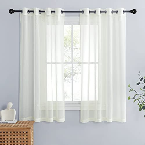 PONY DANCE Cortinas Cortas para Ventanas, Visillos Translucidas Efecto Lino con Ojales para Salon/Cocina 2 Piezas, 140x160cm, Beige Claro