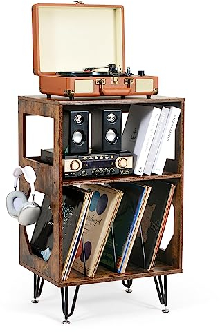 ikkle Rustic Record Player Stand, End Table with Record Storage, Vinyl Record Storage Cabinet Holder with Metal Legs, Turntable Stand Record Player Cabinet for Living Room, Bedroom, Holds 160 Albums