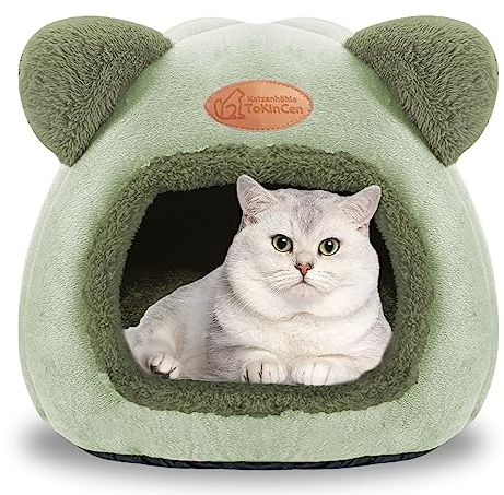 Katzenhöhle Katzenbett Waschbare Halbgeschlossen Katzenzelt Katzenkorb katzenhäuschen Betten zum Schlafen für Kleine bis Mittlere Größe Katze（Grün）