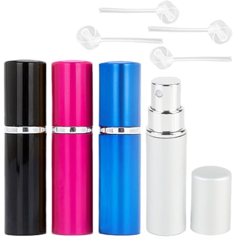 KEYRI 4 Pcs Perfume Atomiser Bottles 10ML, Perfume Atomiser Refillable Travel Aftershave Dispenser Spray Bottle Mini Underfill Empty Travel Bottle for Pocket Luggage (Black+White+Rose Red+Silver)