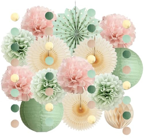 Decorazione per feste, verde salvia, rosa pastello, decorazione per baby shower, verde, rosa, ragazza, compleanno, salvia pompon, vassoi di carta beige, per decorazioni di compleanno, verde salvia