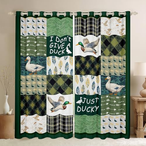 Manfei Mallard Duck Kids Blackout Curtain,Geometric Grids Arrows Patch Window Drapes for Boys Girls,Hunting Animal Wildlife Rustic Cabin Green Window Treatments Grommet Top 2 Panel Set,42Wx84L inch