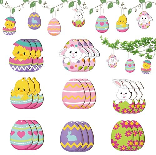 Ciondoli Pasquali in Legno, FainFun 24 Pezzi Addobbi Pasquali, Regalo di Pasqua, Coniglio Pasquale, per Il Giardino, Soggiorno, Aula, Decorazioni Pasquali, Retro Verniciabile