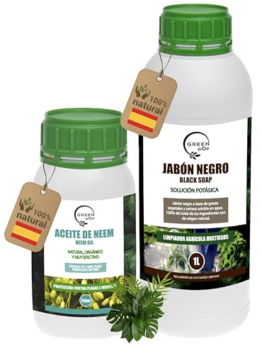 GREENGOF Jabón Potásico 1L y Aceite de Neem 250ml - Pack Protección Total - Alta Eficacia - Aplicación Sencilla - Uso Interior y Exterior - 100% Orgánico y Natural - Árbol Azadirachta.
