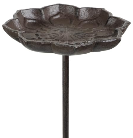 Fågelbad gjutjärn på stav blomform trädgårdsplugg 72 cm hög brun rostlook väderbeständig skål för fåglar vattenskål trädgårdsdekoration metall antik nostalgisk