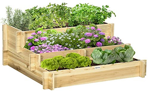 Outsunny Jardinera de Madera Elevada de 3 Niveles Jardinera Exterior Grande con Diseño de Escalera y Tela no Tejida Huerto Urbano para Cultivos Plantas Flores para Patio Terraza 93x93x35 cm Natural