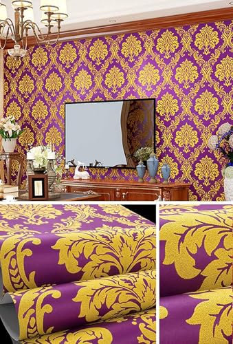 WPE® Royal Purple & Gold Textured Damask Wallpaper – Luxury Baroque Design – Paste The Wall – Washable & Easy to Hang – 9.5m x 0.53m Roll 70-708