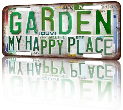 Vintage License Plate Wall Decor Garden My Happy Place Tin Sign for Home Office Garage Bar Restaurant Living Room Garden Yard 12 x 6 Inches (25198)