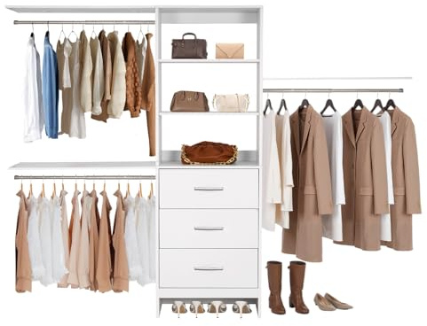VEVOR Closet System with 3 Drawers, Adjustable Height Wooden Closet Organizers, Modern Walk-in Wardrobe Organization with 3 Retractable Clothes Hanger Rods, Freestanding Garment Rack Storage, White