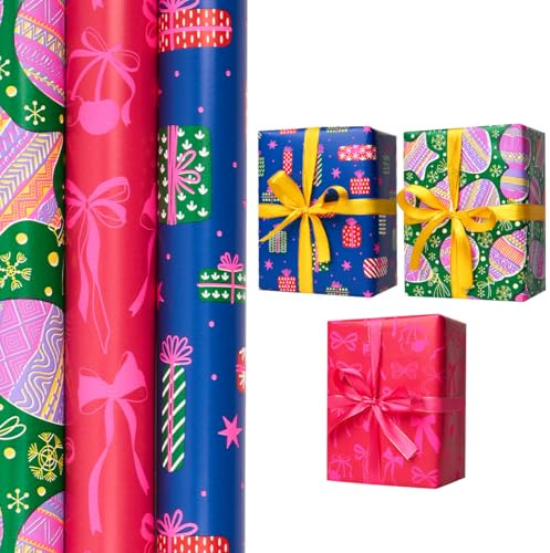 Rollos de papel para envolver regalos navideños: Papel para envolver regalos de cumpleaños, diseño festivo, colores brillantes, reciclable, para manualidades y regalos - 3 rollos de 43 cm x 3 m