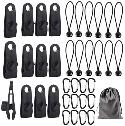 VZLYMTV Pinzas para Toldos y Lonas 37 Piezas, 12 Clips de Lona para Tienda de Campaña con 12 Cuerdas Elásticas 12 Mosquetones y Bolsa de Almacenamiento, Sujeciones Multiusos para Camping Carpa Camper