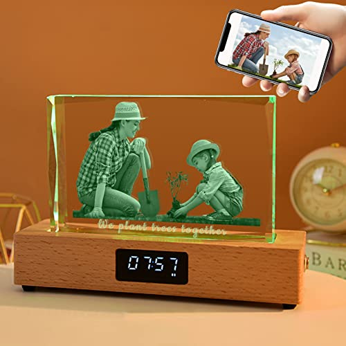 Relojes de Luz Nocturna de Cristals con Fotos, Relojes de Cristal Grabados Personalizados con Luz Nocturna, Caja de Cristal con Foto y Pantalla de Reloj para Dormitorio, Estudiar - Horizontal Grande