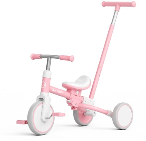 XJD Kleinkind Dreirad ab 1 2 3 Jahr, 5-in-1-Kleinkindfahrrad mit verstellbarem Schiebegriff, Laufrad, verstellbarem Sitz und abnehmbaren Pedalen, Geburtstagsgeschenk für Jungen und Mädchen (Rosa)