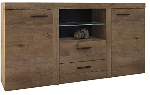 Kommode Rango mit Glasboden, Highboard Sideboard, Anrichte, Naturtöne, Mehrzweckschrank, Wohnzimmerschrank, Anrichte, Schrank (ohne Beleuchtung, Lefkas Eiche)
