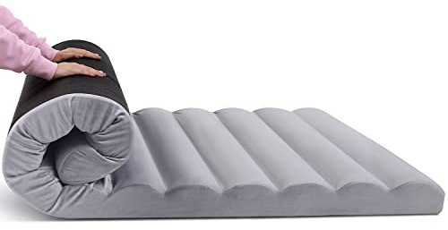 MeMoreCool Roll Up Floor Mattress, 10cm Thick Portable Futon Mattress, High Density Foam Foldable Mattress, Folding Guest Bed Sleep Mattress for Travel, Car Tent, Double, 190x135cm, Grey