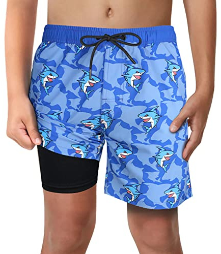 LUCOWEE Toddler Boys Angry Shark Swim Trunks with Boxer Brief Liner Anti Chafe No Mesh Swimming Shorts Compression Lined 4-Way Stretchy UPF Quick Dry Swimsuit Size 5T 5-6