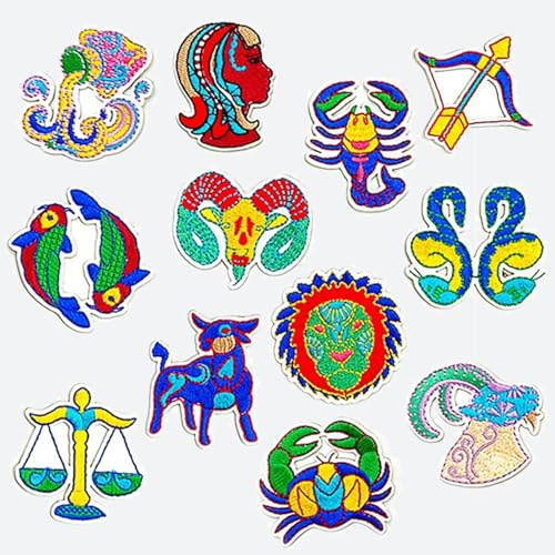 12 Signs of The Zodiac Iron On Sew on Patch, Bundle 12 Constellations Embroidered Patch Decorative Emblem Badge for Hats Bags Backpacks Jeans