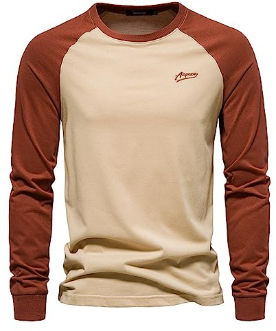 Caxndycing T-shirt à manches longues pour homme - Décontracté - Patchwork - Chemise de loisirs - Col rond - Haut contrasté - T-shirt de baseball surdimensionné - Col rond, kaki, L