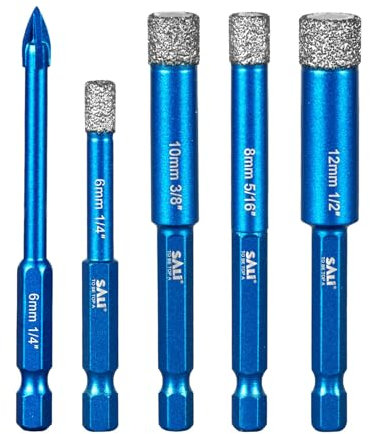 SALI Diamond Core Drill Bits Set 5pcs(6/8/10/12/6mm) Tile Hole Saws Vacuum Brazed Hole Saw with Hex Shank for Glass Ceramic Porcelain Tiles Marble Brick Granite Quartz Fit Angle Grinders Drills