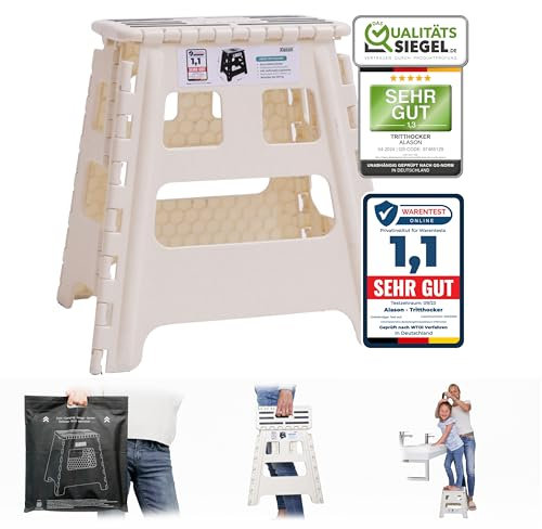 Alason® Marchepied de 39 cm de haut – Vainqueur de comparaison – Charge maximale : 200 kg avec crochet de suspension et sac de rangement – Tabouret pliant/pliable peu encombrant Blanc/beige – Pour la