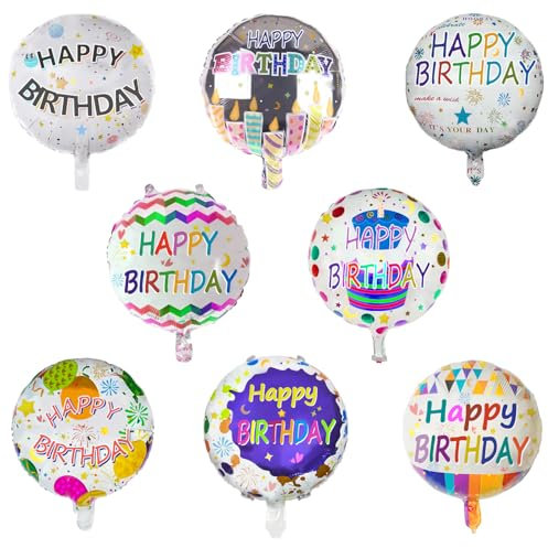 32 PCS Happy Birthday Party Aluminum Foil Balloons - 18 Inch Round Helium Floating Mylar Balloon for Birthday Parties Decorations Supplies, 8 Patterns (Style 01)