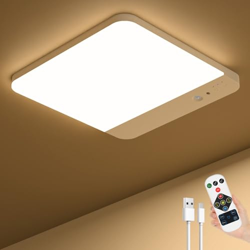 Toowell Akku Lampe mit Bewegungsmelder Innen Akku Deckenlampe Ohne Stromanschluss Batteriebetriebene Deckenleuchte Ohne Bohren LED Deckenleuchte mit Fernbedienung für Badezimmer Treppe Garage,1 Stück