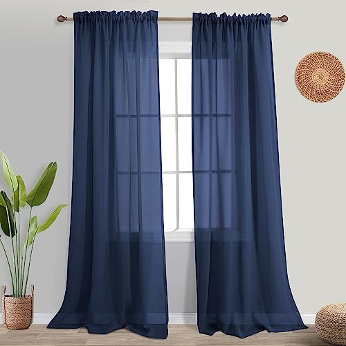 Navy Blue Window Curtains 96 Inches Long 2 Panel Set Rod Pocket Woven Textured Linen Look Voile Sheer Drapes for Living Room Village Apartment Cabin Garden Canopy Family Room Home Decor 52 Inch Width