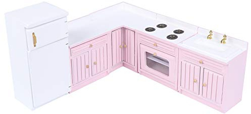 Haomian Dollhouse Kitchen Furniture Kit 1:12 Dollhouse Miniature Wooden Kitchen Cabinet Fridge Set Dining Room Furniture for 1:12 Doll House Miniatures Scenes Accessories