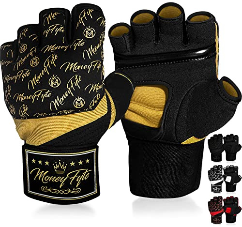 Quick Gel Boxing Wraps Under Boxing Gloves - Kickboxing MMA Muay Thai - Fist, Knuckle, Wrist Wrap Protection Inner Glove Hand Wraps - Men Women Kids - MoneyFyte (Black/Gold, S/M)