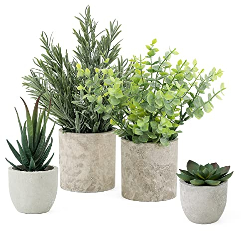 Veryhome 4PCS Artificial Plant in Pots Fake Succulents Plants in Pulp Pots Faux Eucalyptus Rosemary Topiary Shrubs Potted for Home Decorative Home Accessories Desk Living Room Decor