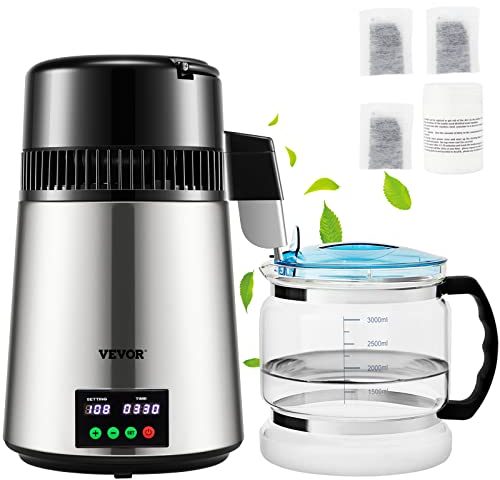VEVOR Destilador de Agua 4 L Filtro de Destilación de Agua con Recipiente de Vidrio 750W 1 L/H Ajuste de Velocidad, Destilación Filtro Purificador 7,9 lbs de Acero Inoxidable con Pantalla Doble, Plata