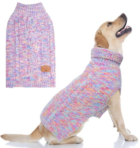 BEAUTYZOO Small Dog Sweater -Turtleneck Pullover Classic Cable Knit Fuzzy Winter Coat Dog Cold Weather Clothes for Small Medium Dogs Puppy Girl Boys(Rainbow Pink, M/L)