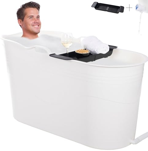 HelloBath® Seau Bain Pour Bain Glacé et Bain à Remous - XL 122x56x64cm - Baignoire Avec Tuyau Vidange et Bouchons Vidange - Piscine Autoportante Pour Adultes, Enfants Compagnie (Stone White)