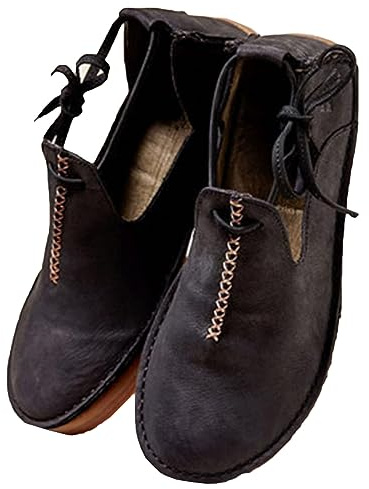 SIULAS medeltida PU-läderskor med platt botten – renässans häxstövlar med låg klack – steampunk retro casual läderstövletter – dam läderskor med rund huvud, svart, 37