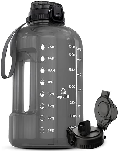 AQUAFIT Half Gallon Water Bottle with Time Marker - Straw & Chug Lid - BPA Free Gym Water Bottle with Straw - Big Gallon Jug (Gray, 64 oz - 2in1 Lid)