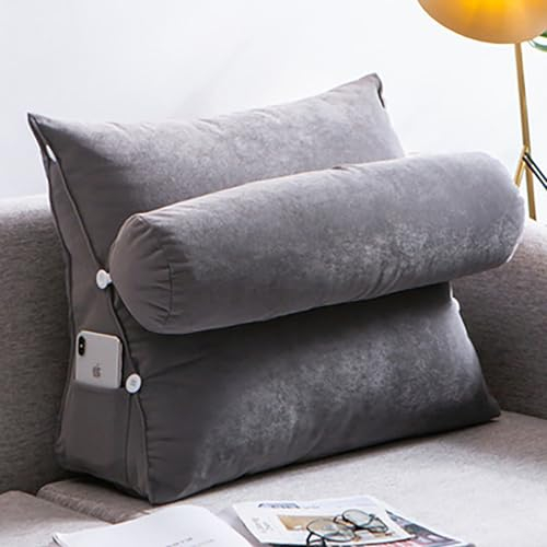 MONDEX Rückenkissen mit Nackenrolle & Seitentasche, Keilkissen Rücken für Bett & Sofa, Rückenstützkissen mit Abnehmbarer Nackenkissen, Lesekissen, Bücherkissen, Rückenlehne,Grau,45cm*45cm*20cm