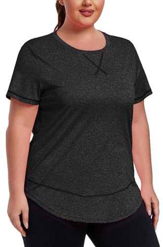 ForHailey Women's Plus Size Workout Tops Short Sleeve Loose fit Shirts Athletic Gym Yoga Clothing, Black, 3XL Plus