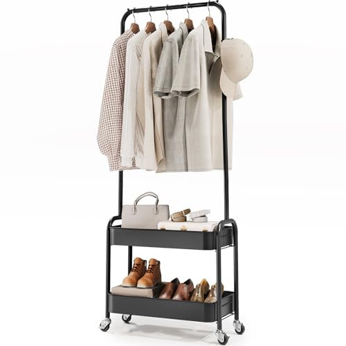Urackify Kleiderständer aus Metall maximieren Sie Ihren Platz – einfaches Rollen, langlebiges Material, bequeme Montage und doppelte Aufbewahrungsregale Perfekt für den Heimgebrauch, kompaktes Design
