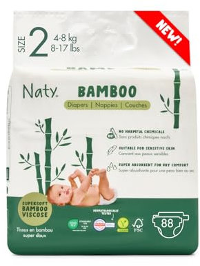 Naty Bamboo Baby Windeln aus Bambus-Viskose – Seidenweich, pflanzenbasierte Windeln, Dermatologisch getestet für empfindliche Haut & super saugstark (Größe 2, 88 Stück)