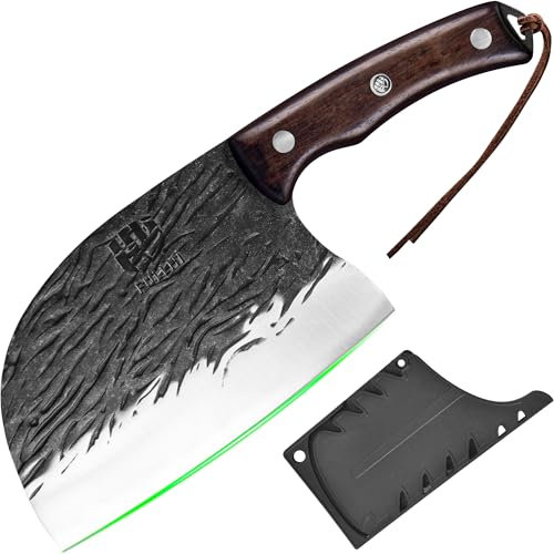 FULLHI ULLHI Coltello da macellaio con fodero, coltello da cuoco serbo Tang, coltello da verdure con mannaia in acciaio al carbonio per esterno, campeggio