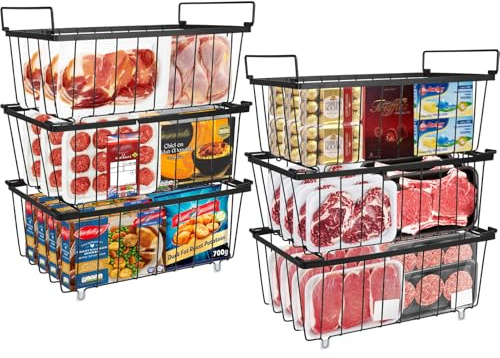 UHAPEER 6 Pack Stackable Chest Freezer Storage Baskets: 2.8mm Durable Metal Wire Organizers with Fold-Down Handle - Perfect for 198L Chest Freezers - Kitchen Frozen Goods Sort - Black - (37x18x14.5cm)