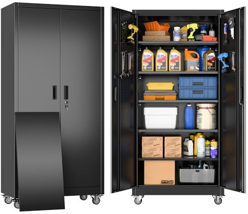 SUPEER Metallschrank mit Pegboard und Abschließbare Räder, 5 höhenverstellbaren Fachböden,Stahlblech Pulverbeschichtung,Stahlschrank Abschließbar für Werkzeuge,Garage180 x 80 x 40 cm（schwarz）