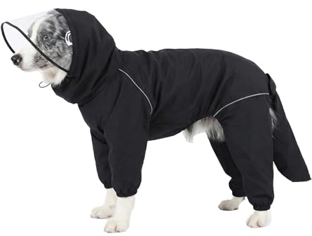 Dog Raincoat for Medium Large Dogs,rain Jacket Coat, Full Leg Coverage Waterproof Rain Suit with Detachable Hood & Tail, Reflective Strips, Snag-Free Top Zipper (Black for Boy, Small)