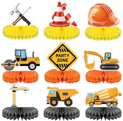 Calkkrer 9 Pezzi di Carta a Nido d'Ape per Decorazioni da Tavolo, Decorazioni per Cantieri e Feste, Motivi per Auto e Camion in Zona Costruzione, Decorazioni 3D per tavol