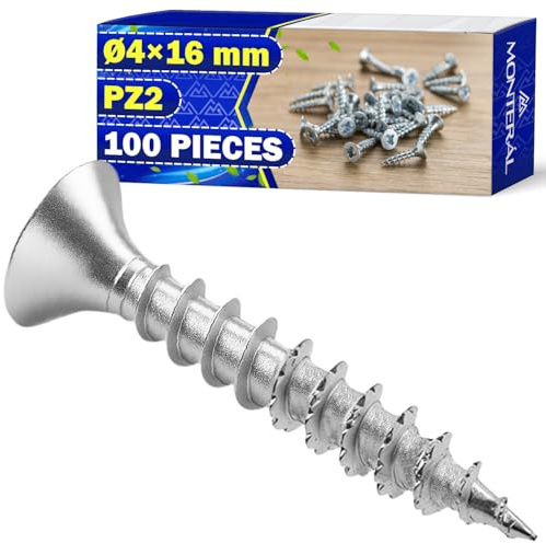100 Pezzi di Viti per Legno Ø 4x16 mm con Tipo di Intaglio PZ2 - Realizzate in Acciaio Zincato - Possono Essere Utilizzate come Viti Legno - MONTERAL