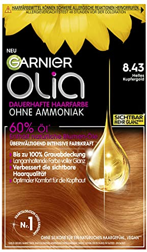 Garnier Olia Öl-Coloration, dauerhafte Haarfarbe, ohne Ammoniak für einen angenehmen Duft, intensive Farbkraft, 8.43 Helles Kupfergold, 60 g