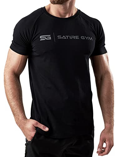 Satire Gym - Fitness Slim Fit t-shirt av bomull för män/tajt och snabbtorkande sportkläder för män – sportskjorta för män som gym och fitnessskjorta, svart, S