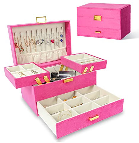 Dajasan Jewelry Organizer Box, Large Jewelry Boxes for Women Girls, Space-Saving 3 Layers Jewelry Storage Case with Drawer, Gift Idea for Christmas, Valentine's Day, Birthday, Mother's Day (Red)