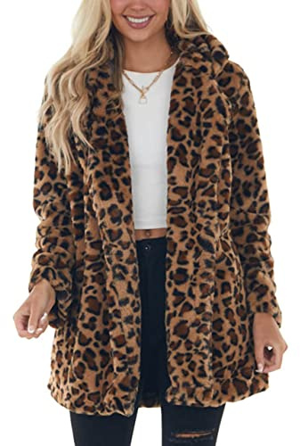Omoone Women's Faux Fur Jackets Autumn Winter Leopard Coats Loose Fur Coat with Pockets(3361-Brown-M)